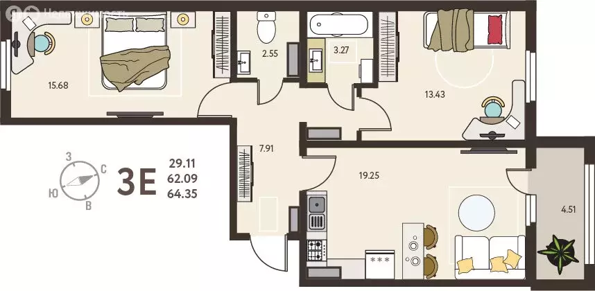 2-комнатная квартира: Курск, микрорайон Курского Завода Тракторных ... - Фото 0