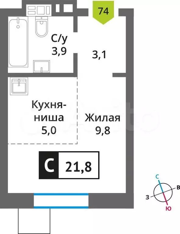 1-к. квартира, 21,8м, 2/9эт. - Фото 0