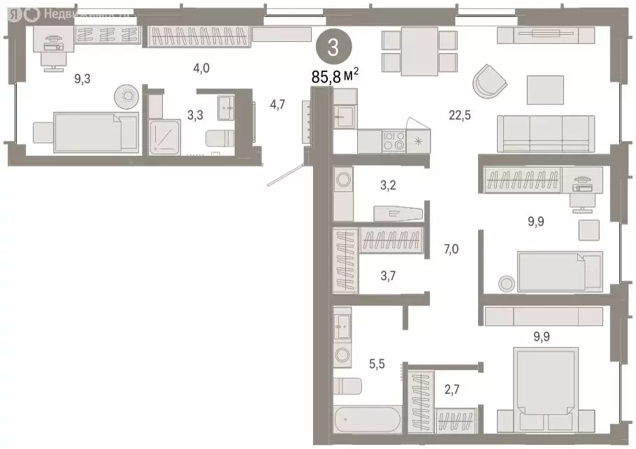 3-комнатная квартира: Тюмень, улица Республики, 205к2 (85.6 м) - Фото 2