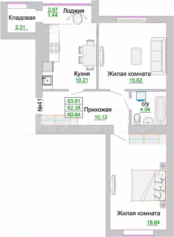 2-к. квартира, 62,4 м, 9/9 эт. - Фото 1