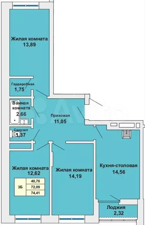 3-к. квартира, 75,5 м, 11/13 эт. - Фото 0