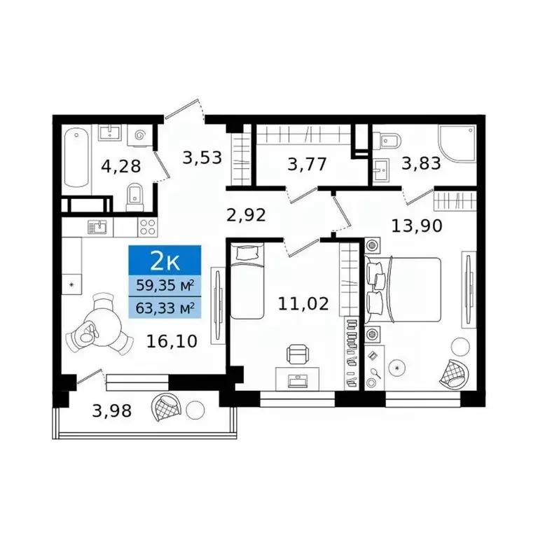 2-к кв. Курганская область, Курган просп. Конституции (63.33 м) - Фото 2