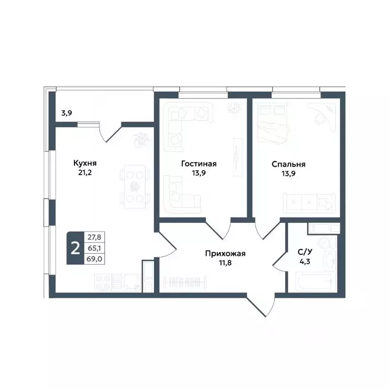 2-к кв. Ставропольский край, Ставрополь ул. Андрея Голуба, 11Б (69.0 ... - Фото 1