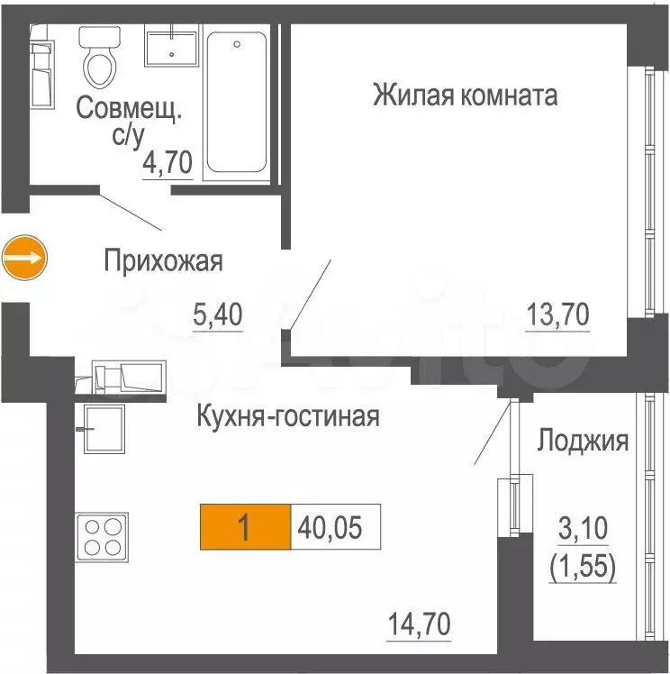 1-к. квартира, 40,1 м, 3/25 эт. - Фото 0