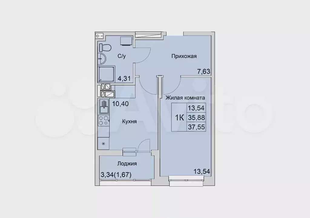 1-к. квартира, 37,6 м, 8/22 эт. - Фото 0