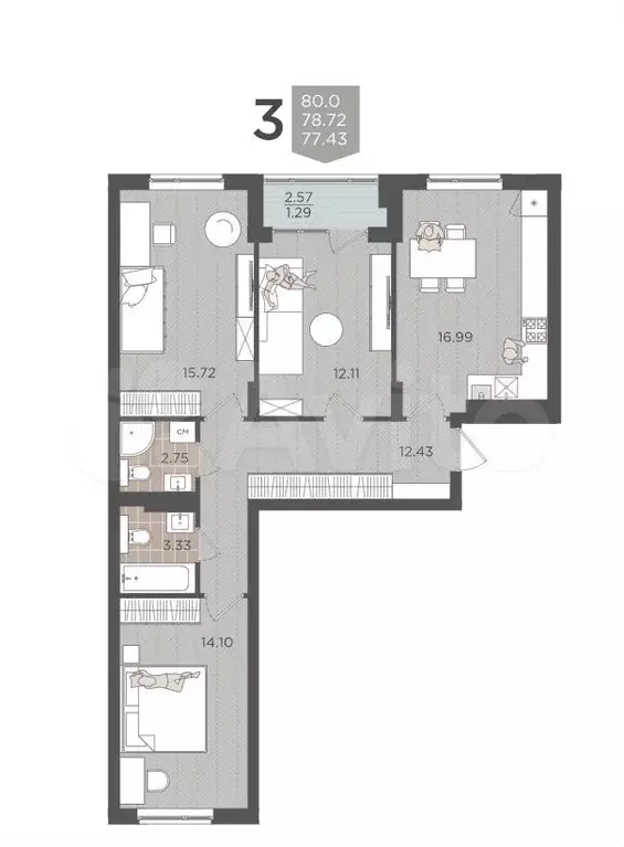 3-к. квартира, 78,7 м, 5/9 эт. - Фото 1