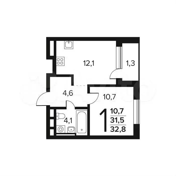 1-к. квартира, 32,8 м, 7/9 эт. - Фото 0