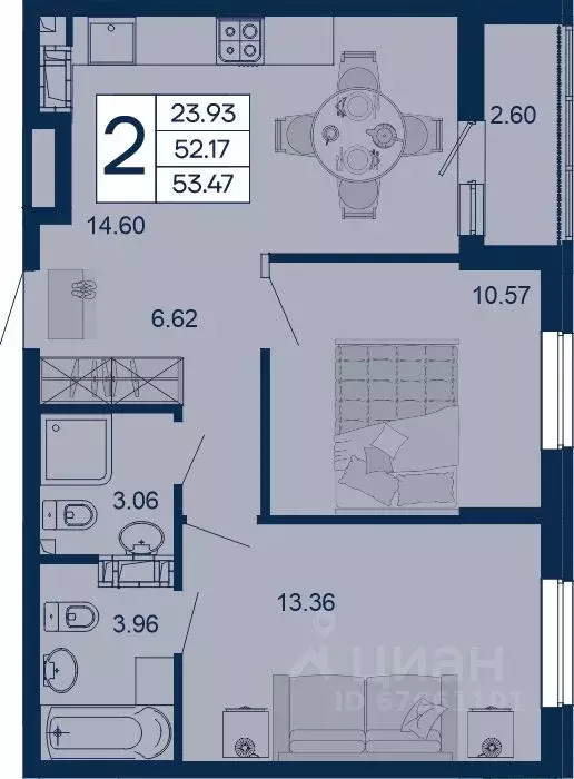 2-к кв. Краснодарский край, Краснодар  (53.47 м) - Фото 1