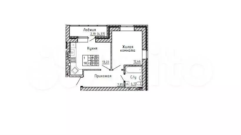 1-к. квартира, 41 м, 1/4 эт. - Фото 0