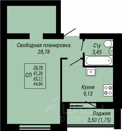1-к кв. Ивановская область, Иваново Юбилейный жилой комплекс (44.86 м) - Фото 0