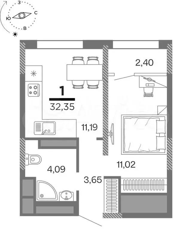 1-к. квартира, 32,4 м, 4/25 эт. - Фото 0