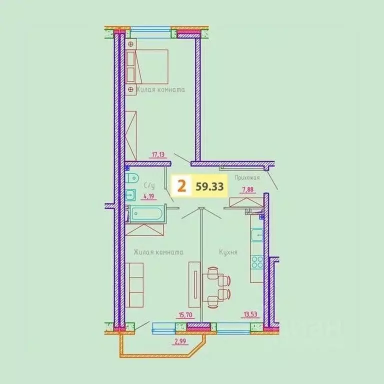 2-к кв. Архангельская область, Архангельск ул. Гайдара, 57к2 (59.33 м) - Фото 0