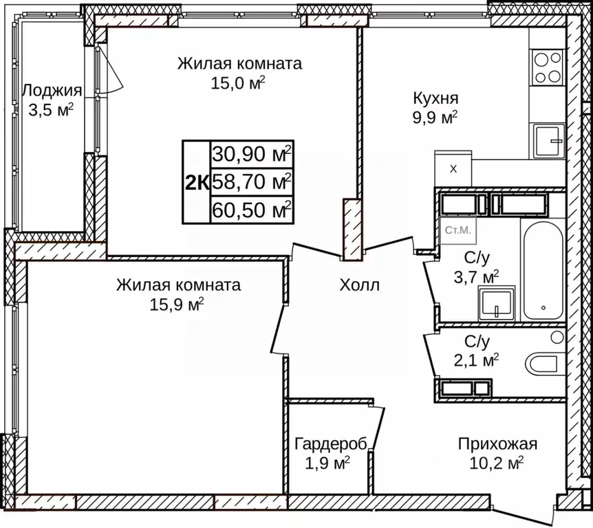 2-к кв. Нижегородская область, Нижний Новгород д. Ольгино,  (60.5 м) - Фото 1