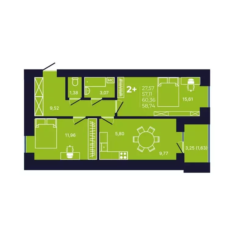 2-комнатная квартира: Уфа, улица Михаила Зайцева, 6 (58.9 м) - Фото 1