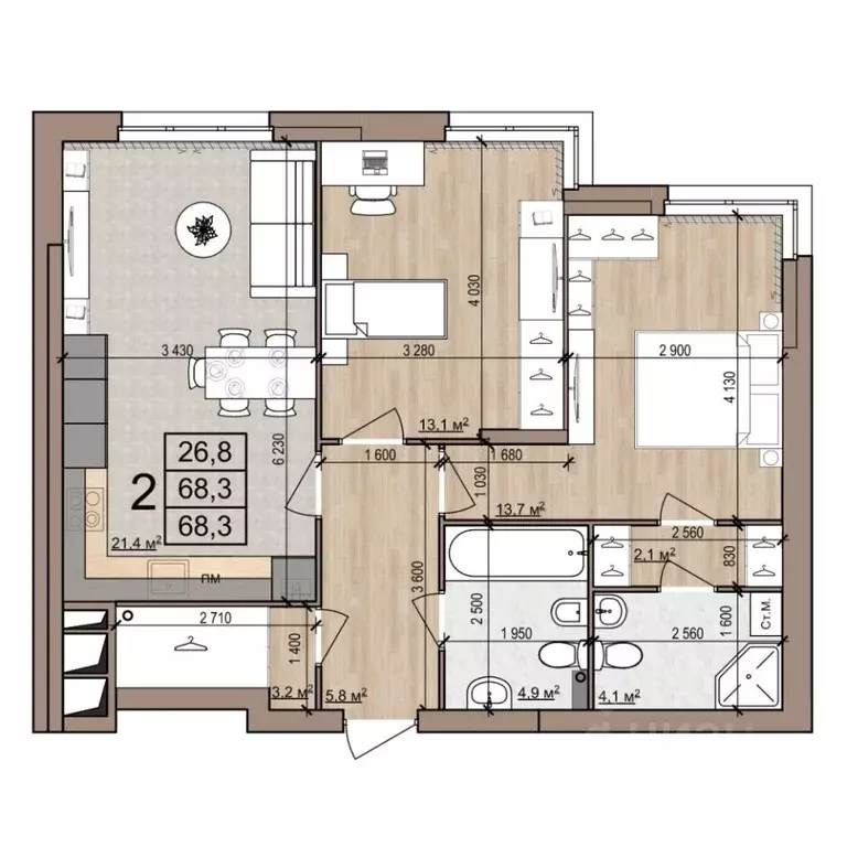 2-к кв. Рязанская область, Рязань ул. Новоселов, 33Б (68.3 м) - Фото 1