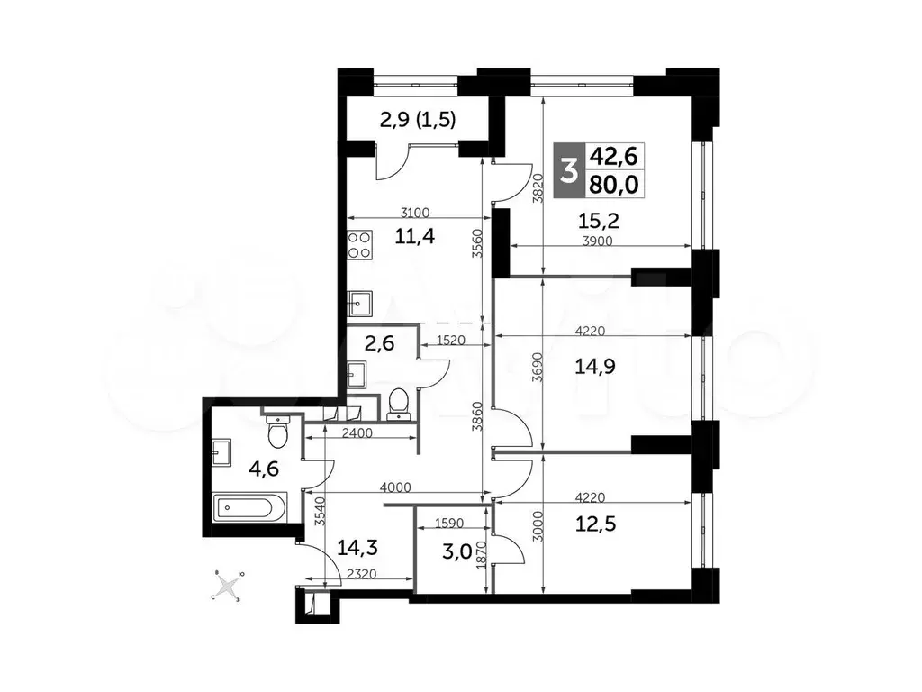 3-к. квартира, 80м, 4/43эт. - Фото 0