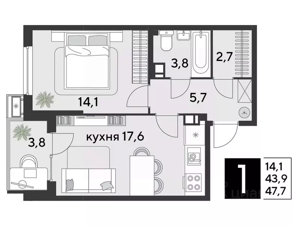 1-к кв. Краснодарский край, Краснодар Парк Победы мкр,  (47.7 м) - Фото 1