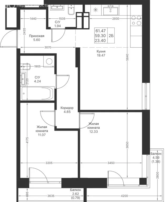 2-комнатная квартира: Казань, ЖК Мой Ритм (61.47 м) - Фото 1