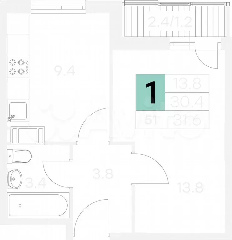 1-к. квартира, 31,6 м, 9/9 эт. - Фото 1