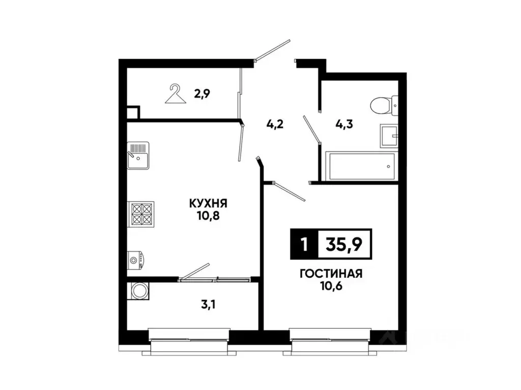 1-к кв. Ставропольский край, Ставрополь ул. Андрея Голуба, 12к10 (35.9 ... - Фото 2