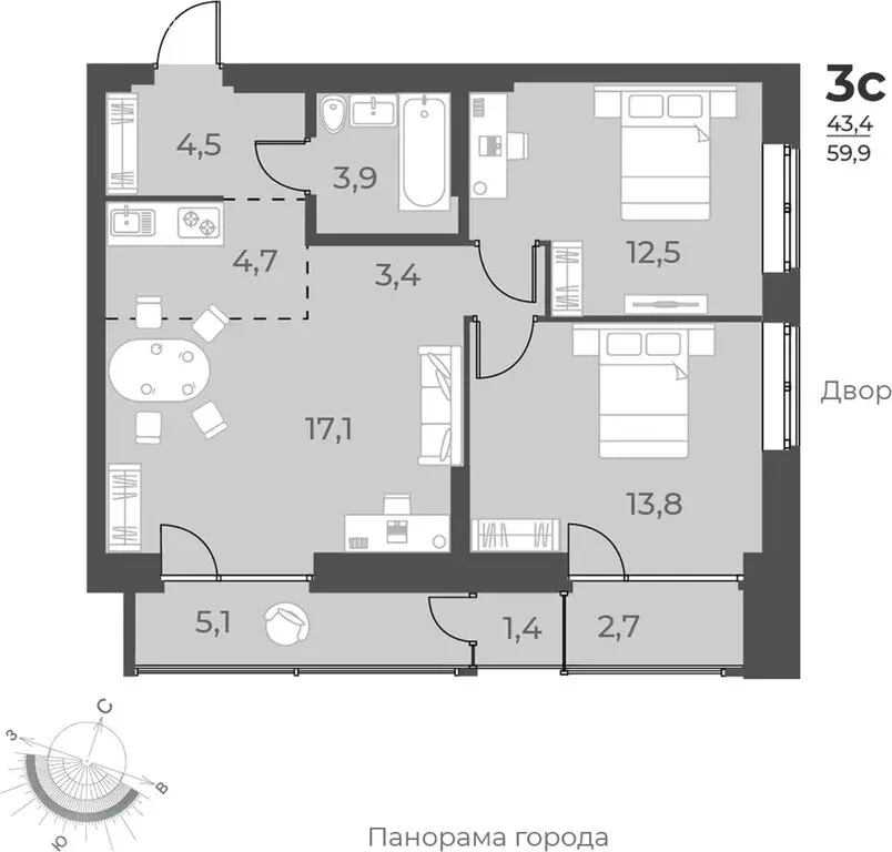 3-комнатная квартира: Новосибирск, улица Аэропорт, 60 (59.9 м) - Фото 0