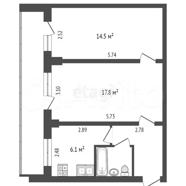 2-к. квартира, 46,1 м, 9/9 эт. - Фото 0