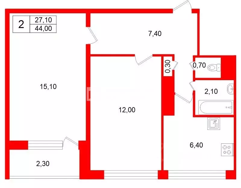 2-к кв. Санкт-Петербург просп. Маршала Жукова, 56К1 (44.0 м) - Фото 1