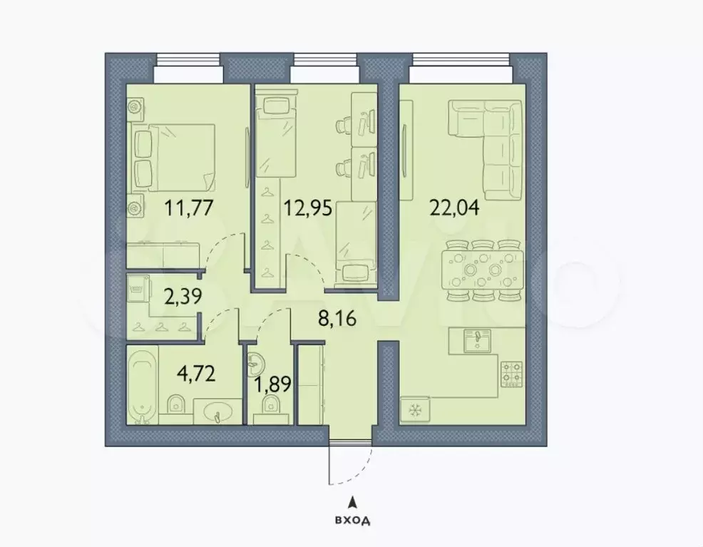 2-к. квартира, 63,9 м, 12/15 эт. - Фото 1