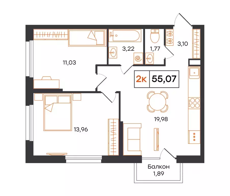 2-к кв. Тюменская область, Тюмень Полевая ул., 117к12 (55.07 м) - Фото 1