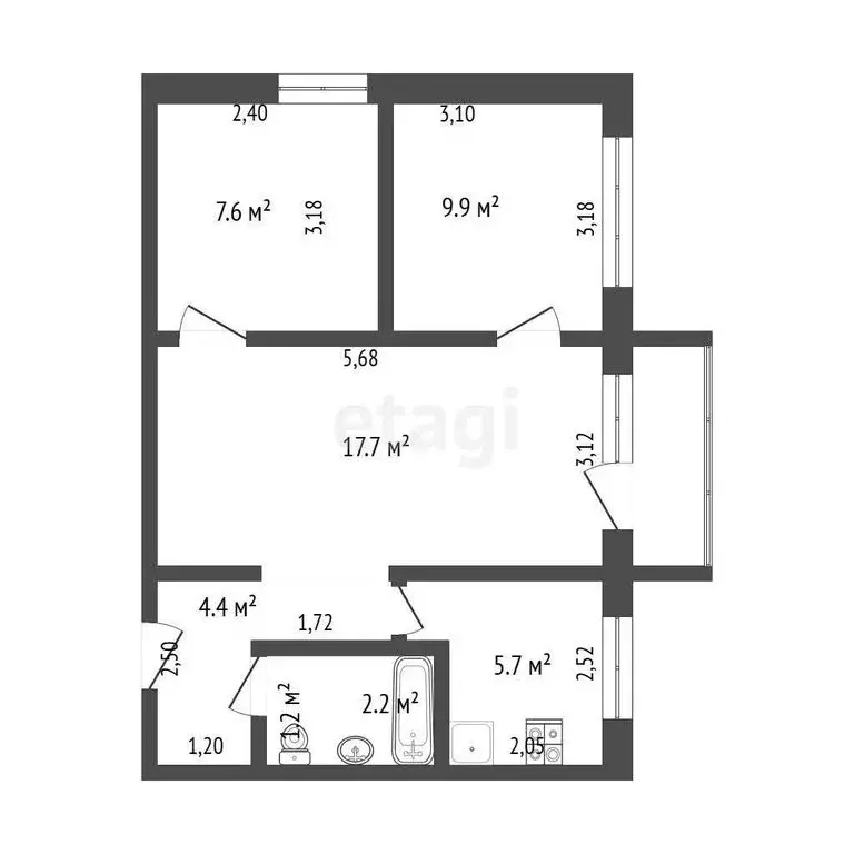 3-комнатная квартира: Омск, улица Серова, 4Б (42.4 м) - Фото 2