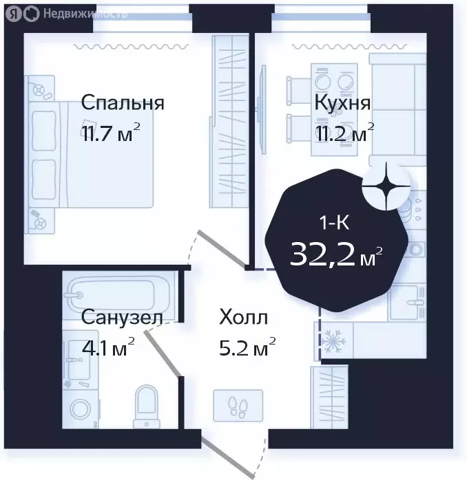 1-комнатная квартира: Тюмень, Новгородская улица, 22 (32.2 м) - Фото 1