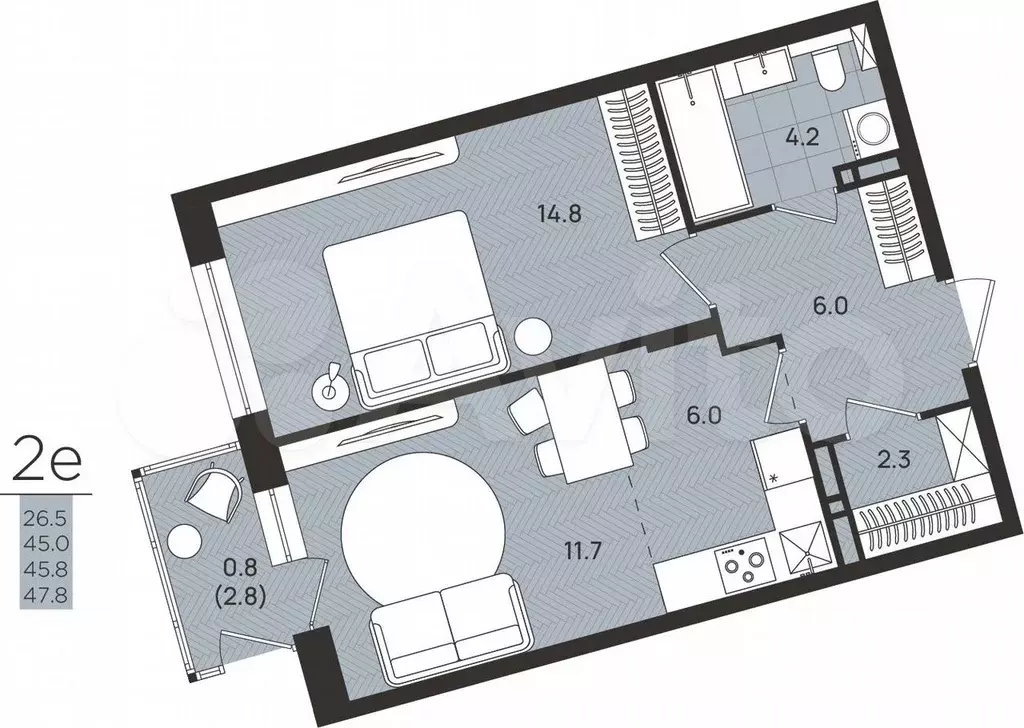 2-к. квартира, 45,8 м, 2/8 эт. - Фото 0