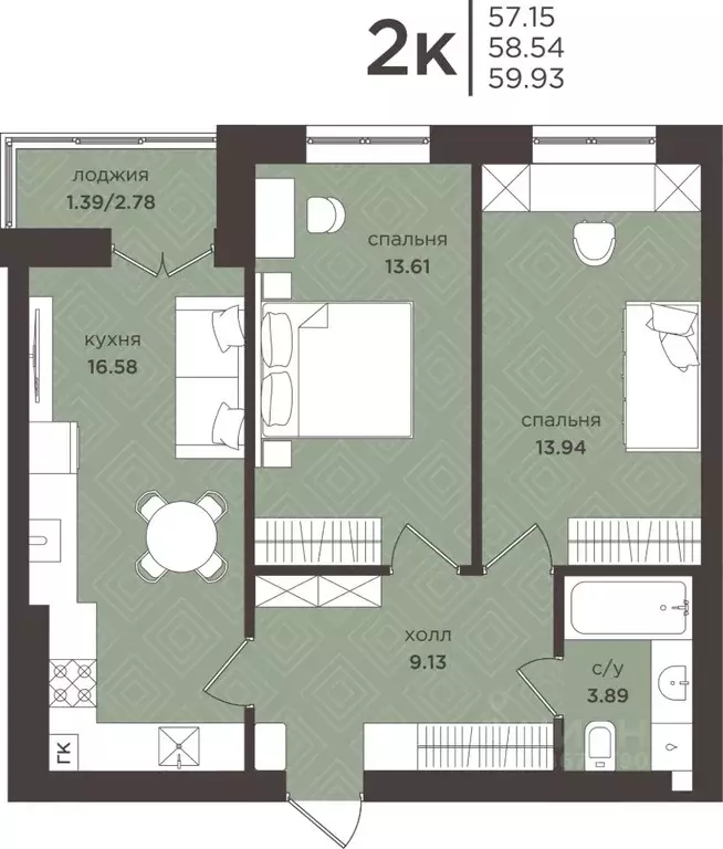 2-к кв. Калининградская область, Гурьевск  (58.54 м) - Фото 0