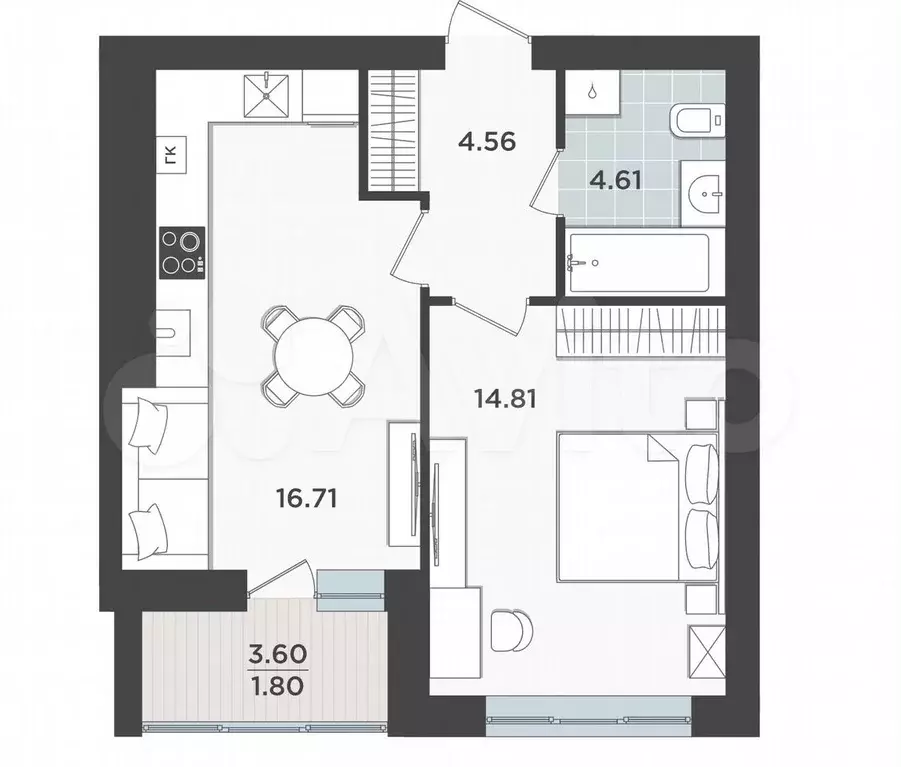 1-к. квартира, 42,5 м, 1/9 эт. - Фото 1