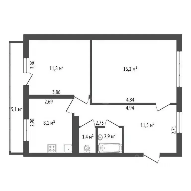 2-к кв. Башкортостан, Уфа Шакша-Южная жилрайон, ул. Сельская, 8 (55.0 ... - Фото 1