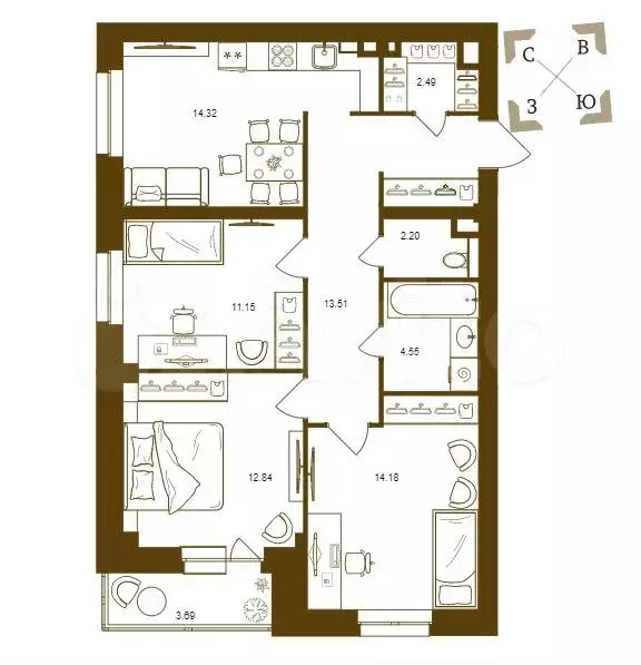 3-к. квартира, 73,4 м, 14/16 эт. - Фото 1
