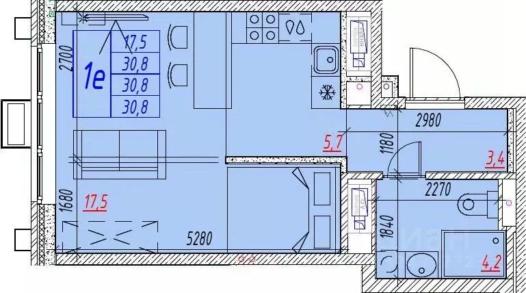 1-к кв. Астраханская область, Астрахань ул. Бэра, 29 (30.8 м) - Фото 2
