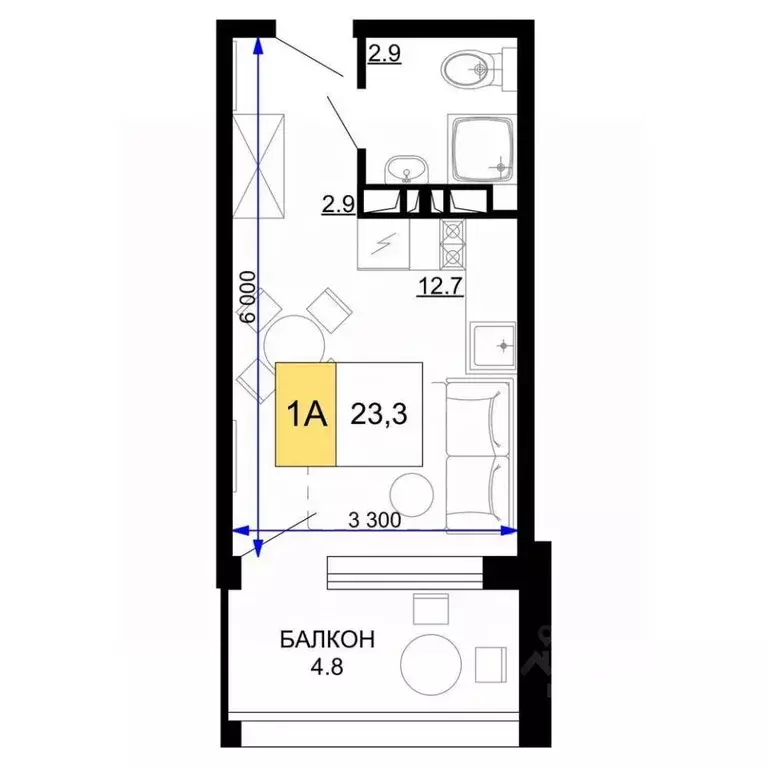 Студия Краснодарский край, Анапа ул. Дружбы, 9 (23.3 м) - Фото 1