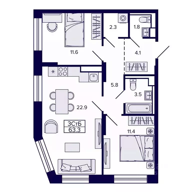 3-к кв. Хабаровский край, Хабаровск ул. Карла Маркса, 96/1 (63.32 м) - Фото 1