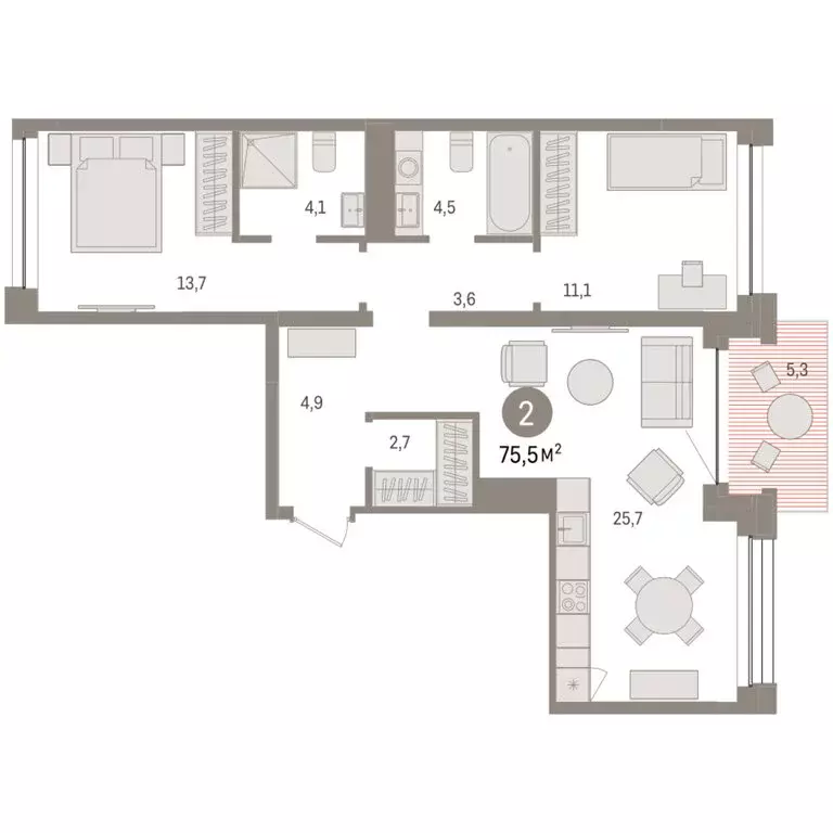 2-комнатная квартира: Тюмень, улица Муравленко, 9/2 (75.5 м) - Фото 1
