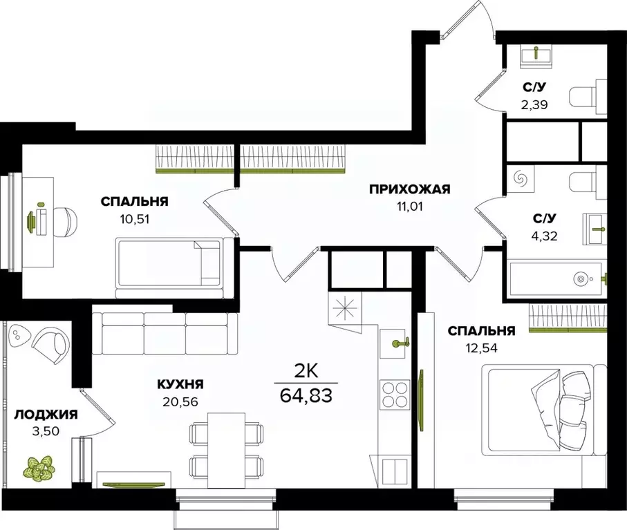 2-к кв. Тульская область, Тула  (64.83 м) - Фото 1