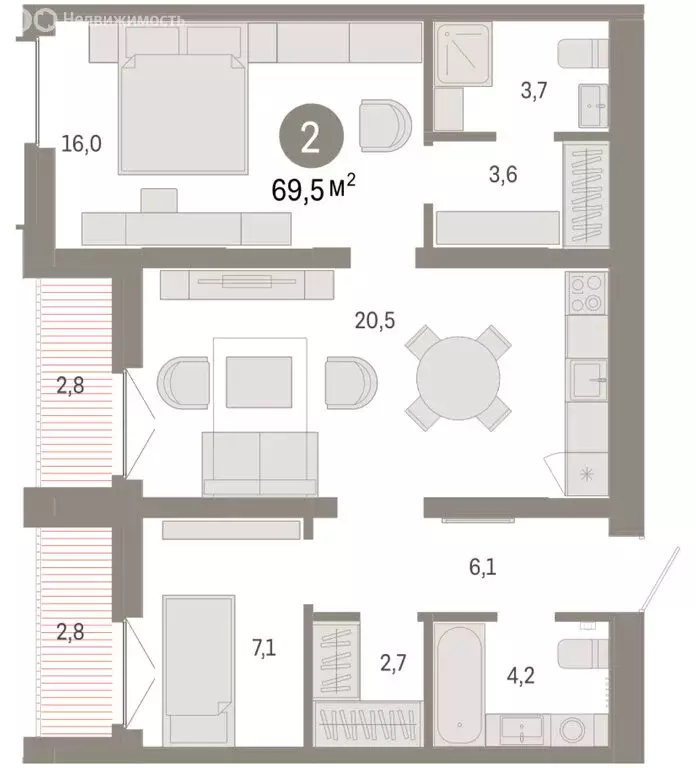 2-комнатная квартира: Тюмень, жилой комплекс Республики 205 (69.47 м) - Фото 2