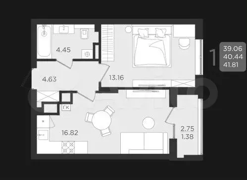 1-к. квартира, 41,8 м, 2/9 эт. - Фото 1