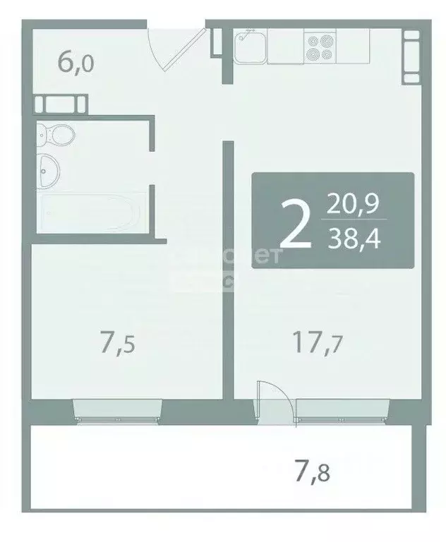 1-к кв. Томская область, Томск пос. Новый, ул. Мечникова, 1Д (34.5 м) - Фото 2