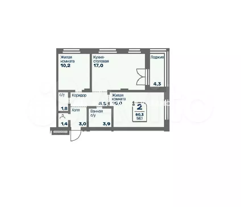 2-к. квартира, 58,1 м, 2/9 эт. - Фото 0