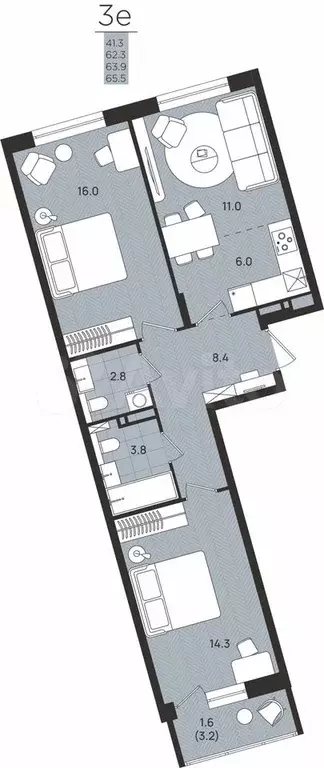 3-к. квартира, 63,9 м, 4/8 эт. - Фото 0