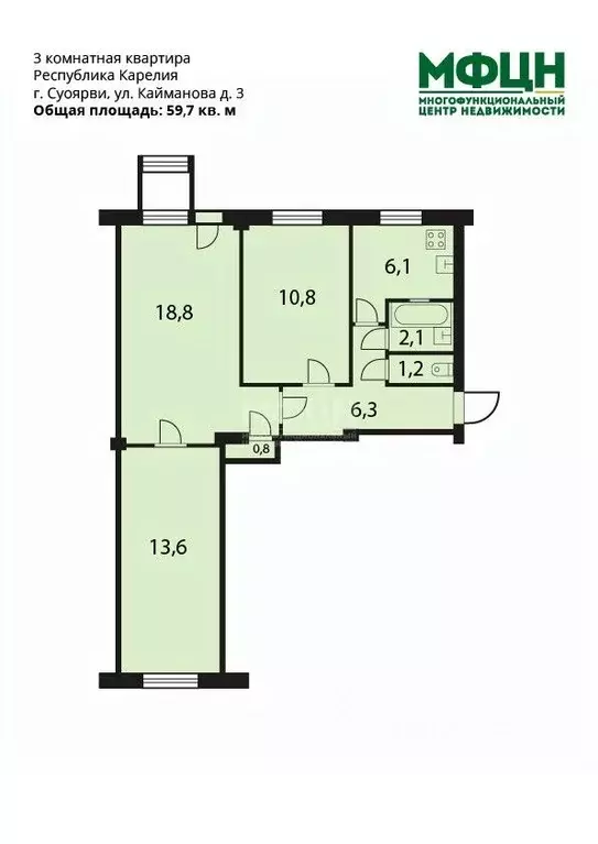 3-к кв. Карелия, Суоярви ул. Кайманова, 3 (59.7 м) - Фото 1