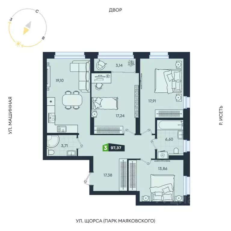 3-к кв. Свердловская область, Екатеринбург ул. Машинная, 1В/4 (97.37 ... - Фото 1