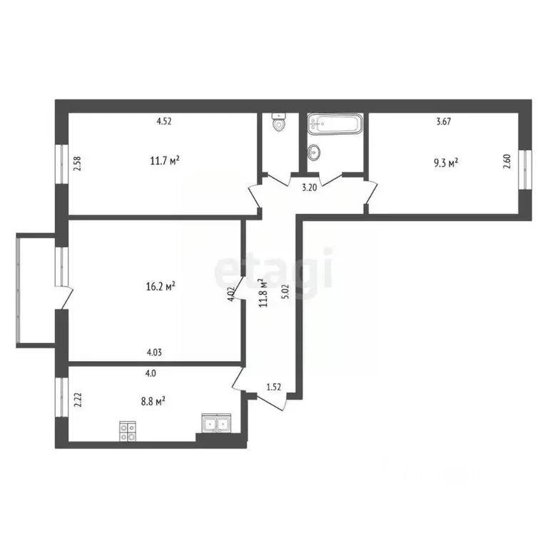 3-к кв. Кемеровская область, Новокузнецк ул. Екимова, 20 (62.0 м) - Фото 1