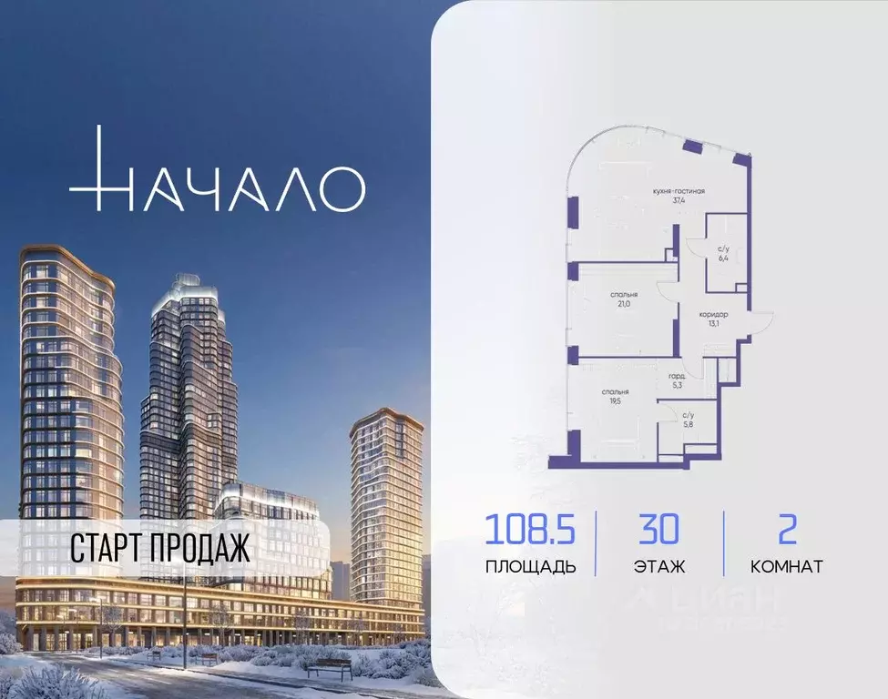 2-к кв. Москва Начало жилой комплекс (108.5 м) - Фото 1